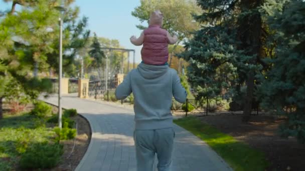 Far och son går i parken. Grabben sitter på föräldern. — Stockvideo