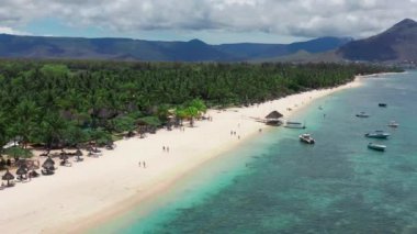 Mauritius 'un hava manzarası, insansız hava aracı ile alçak açı manzarası, arka planda palmiye ağaçları ile güneşli bir günün tadını çıkaran insanlar.