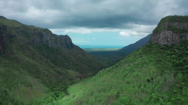 Luchtfoto vliegen boven weelderig groen tropisch regenwoud berg het regenseizoen op nationaal park Mauritius — Stockvideo