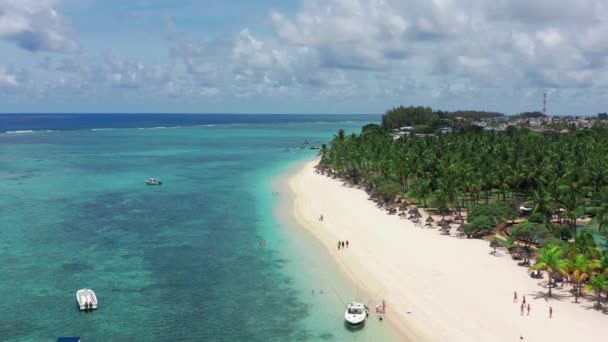 Vista aérea Mauricio, vista en ángulo bajo con dron, gente disfrutando de un día soleado en la orilla con palmeras en el fondo — Vídeo de stock