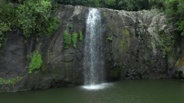 Camera is flying above waterfall in tropical forest. Aerial view. Idyllic waterfall and amazing nature. Sunlight and wild pond in jungle forest — Stockvideo