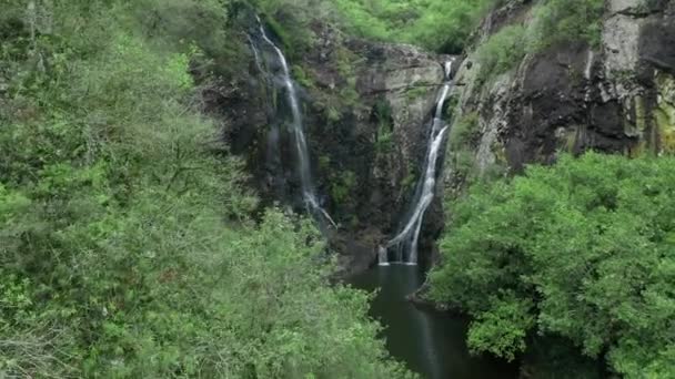Camera is flying above waterfall in tropical forest. Aerial view. Idyllic waterfall and amazing nature. Sunlight and wild pond in jungle forest — Stockvideo