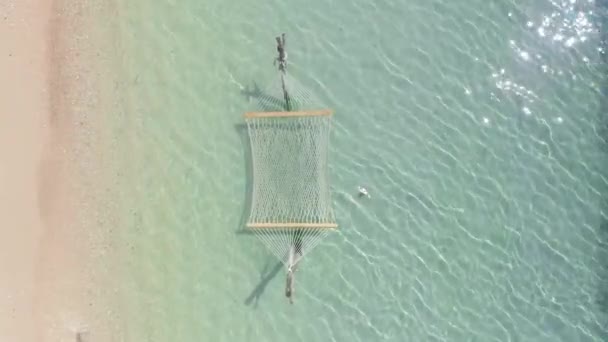 Aerial view empty hammock slowlying by the wind with calm waves reaching the shore from the ocean. Indian ocean. Maldeves.