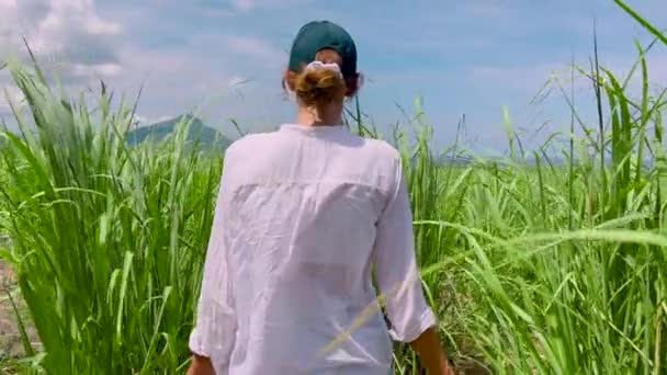 Back view of female Mauritius sugarcane plantation worker — Stockvideo