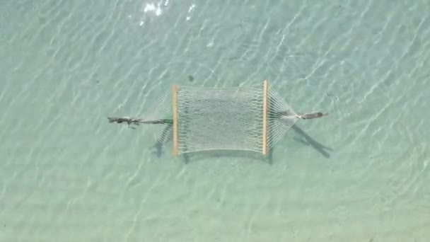 Aerial view empty hammock slowlying by the wind with calm waves reaching the shore from the ocean. Indian ocean. Maldeves. — Stockvideo