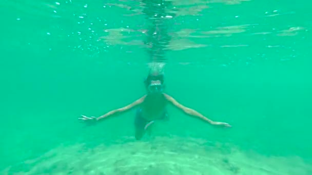O menino mergulha e nada debaixo d 'água no Oceano Índico. frolics criança em água morna — Vídeo de Stock
