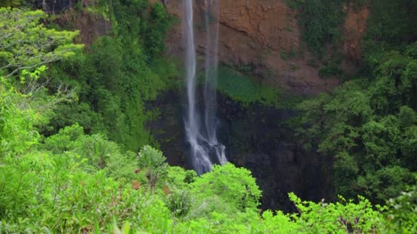 すごい滝だなモーリシャス。スローモーションビデオ。熱帯植物を前景に流れるカメラ。旅行の自然の美しさの概念 — ストック動画