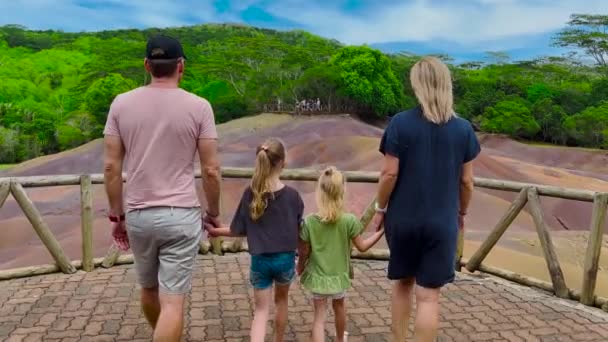 Tillbaka visa far med sin lyckliga familj promenader. Amerikansk far på semester med familj, bakåtsikt, slow motion. — Stockvideo