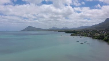 Hava manzaralı, güneşli bir gün. Palmiye ağaçlarının, mangrov ormanlarının ve güzel sahil lagünlerinin üzerinden uç. Martinique 'de.
