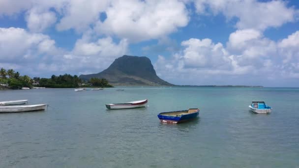 Playa tropical en Mauricio. Playa con palmeras y océano azul transparente. Vista aérea — Vídeo de stock