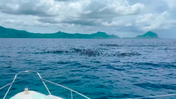 Punto de vista POV tiro cercano desde el frente de un yate en el océano profundo. — Vídeos de Stock