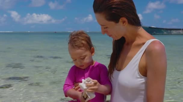 Mamá y su hija están jugando en el agua clara en la orilla del Océano Índico. Mamá y el bebé tienen una gran concha en sus manos. El sonido del océano — Vídeos de Stock