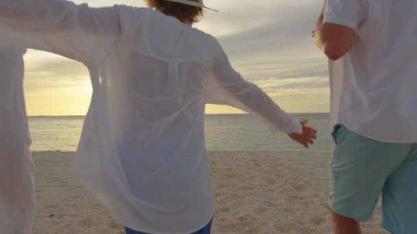 Bonne grande famille en vacances à la plage. Famille marchant ensemble sur la plage tropicale au coucher du soleil d'été. Famille profiter et s'amuser style de vie d'activité de plein air. — Video