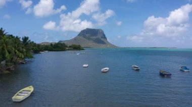 Mauritius 'ta tropik bir sahil. Palmiye ağaçları ve mavi şeffaf okyanusla dolu bir sahil. Hava görünümü