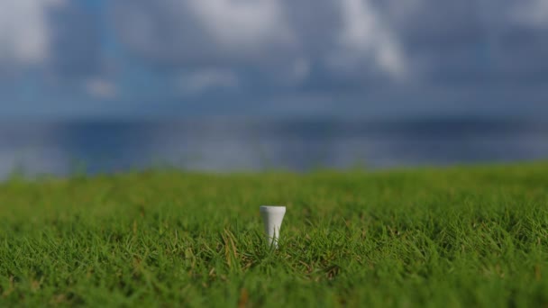 Man hand i en golfhandske sätter bollen på fältet på bakgrunden av det blå havet. Närbild — Stockvideo