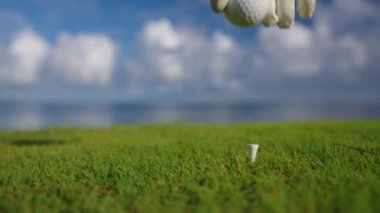 Eldiven takıp golf topuna vuruyor.