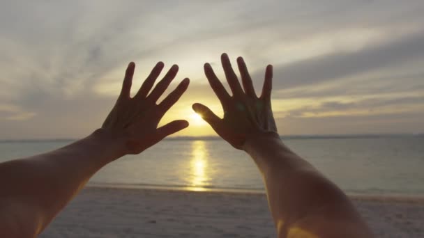 De vrouw strekt haar handen uit in de zon. Geloof in God droomt van een religieus concept. Handen in de zon close-up silhouet zonlicht droom van geluk — Stockvideo