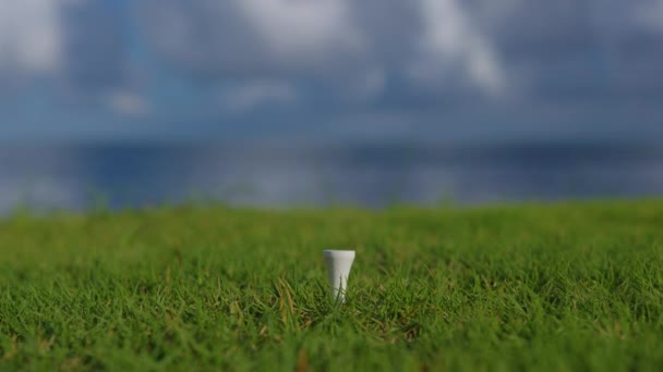 Mão na luva colocando bola de golfe no tee — Vídeo de Stock