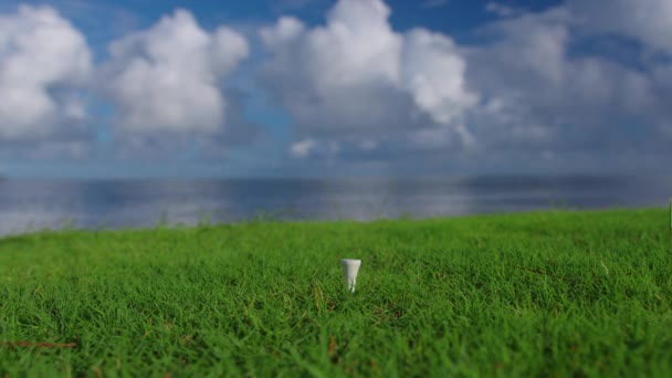 Mano en guante colocando pelota de golf en la camiseta — Vídeo de stock