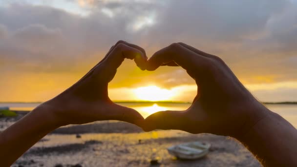 Szczęśliwa dziewczyna na plaży o zachodzie słońca. Figura zrobiona palcami. Ręce dziewczęcego kształtu serca. Letni sen. Szczęście wolności o zachodzie słońca. Światło słoneczne między palcami. Sylwetka szczęśliwej dziewczyny na oceanie — Wideo stockowe