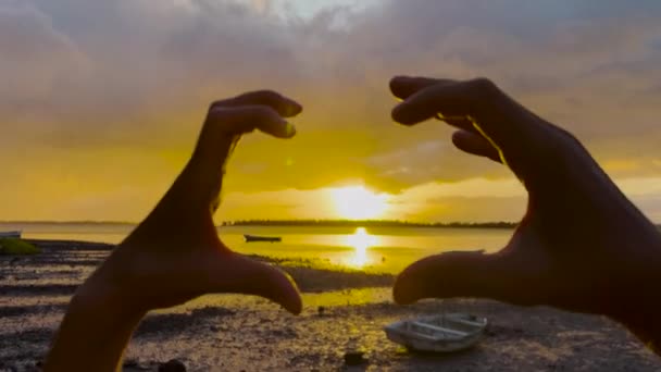 Hands of happy girl at sunset. Sunset between the hands of girl. Happy girl with long hair dreamily stretches out her hand to the sun — ストック動画