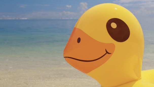 Inflatable yellow duck on the coastline Indian Ocean — стоковое видео