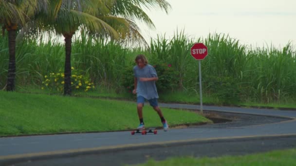 Um adolescente monta um longboard ao longo de uma bela estrada com palmeiras verdes — Vídeo de Stock