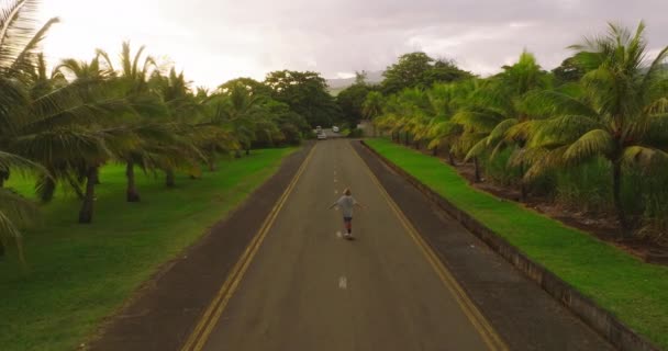 Vue aérienne de la route avec des palmiers. Garçon chevauchant une planche à roulettes sur une belle route. Skateboard adolescent dans les rues de la ville — Video