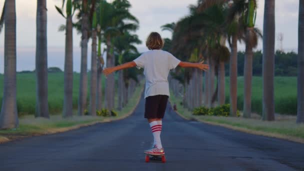 Jeune homme cool, adolescent hipster en Californie monte son skateboard sur la plage de promenade. Action plan large de l'homme effectuer des tours de skateboard sur une journée ensoleillée dans un endroit touristique. Route avec palmiers — Video