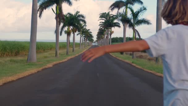 Um adolescente com cabelos longos monta um skate ao longo de uma bela estrada com palmeiras. Los Angeles. Rapaz longboarder montando sua longa prancha na montanha em bela natureza cênica na estrada — Vídeo de Stock