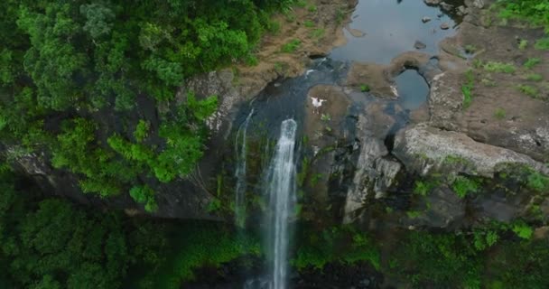 A beautiful woman in a white dress on top of a waterfall in a green jungle enjoys her victory. The concept of traveling to exotic countries — Vídeos de Stock