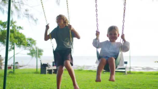 Brother and sister are having fun on the swing. A beautiful baby and a boy have fun spending their leisure time. Walk in the park — Video Stock