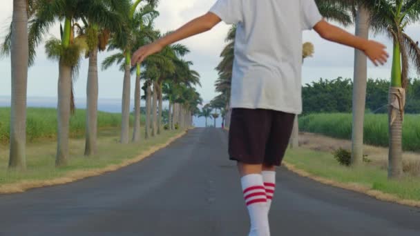 Um adolescente com cabelos longos monta um skate ao longo de uma bela estrada com palmeiras. Los Angeles. Rapaz longboarder montando sua longa prancha na montanha em bela natureza cênica na estrada — Vídeo de Stock