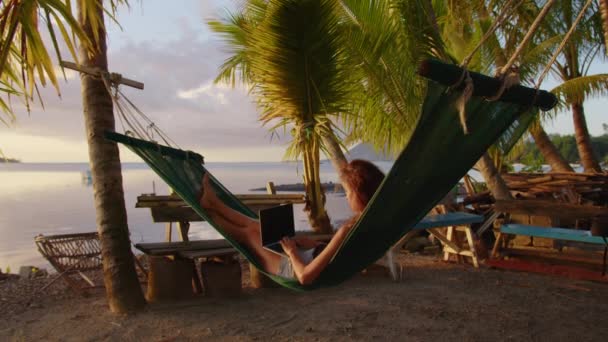 Kobieta Pracująca Laptopem Relaksująca Się Hamaku Plaży Koncepcja Cyfrowego Nomada — Wideo stockowe