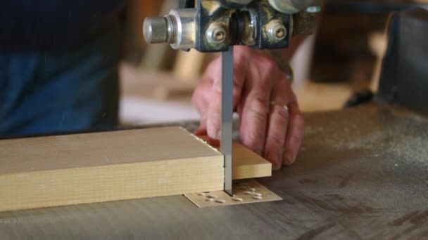 木工铣刀用大量的锯屑从板的边缘除去倒角 车间里的木匠 用木料工作 在自然光下制造家具零件 木工工具 — 图库视频影像