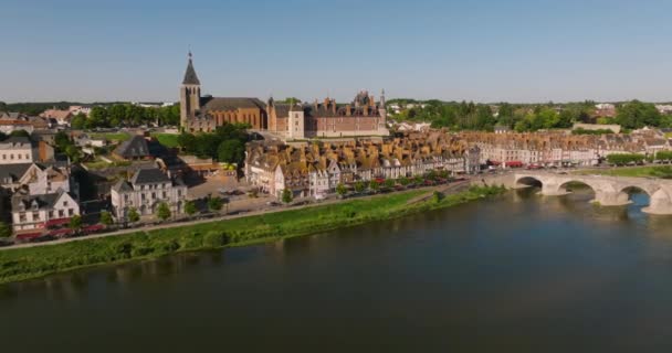 Gien Loiret Fransa Hava Manzaralı Kale Loire Nehrine Bakan Kilise — Stok video