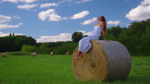 Attractive Girl White Dress Green Meadow Enjoys Freedom Attractive Brunette — 비디오