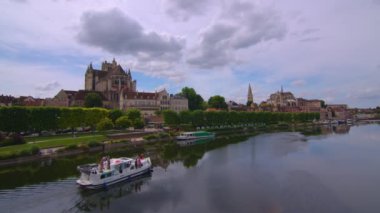 Auxerre with Cathedral of Saint-Etienne on River Yonne, Burgundy, France. High quality 4k footage