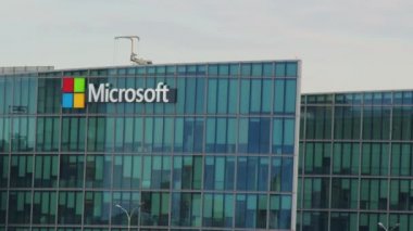 Paris, France, 31 July 2022: Microsoft sign at the entrance of the headquarters building in France. High quality 4k footage