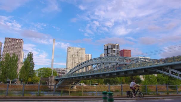 Iron Bridge River Paris Metal Tower Which Paris Metro Passes — Stock video