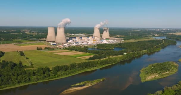 View Drone Nuclear Power Plant River Aerial Panoramic Flight Nuclear — Stok video