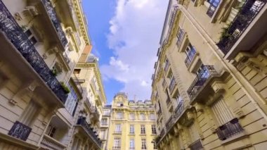 Camera movement along Parisian French streets with old houses. Low Angle Shooting. High quality 4k footage