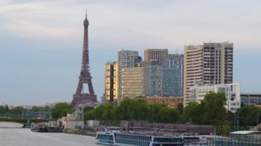 Business district building with wall mirror with blue sky, Paris, France. High quality 4k footage