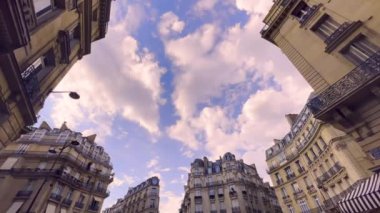 Camera movement along Parisian French streets with old houses. Low Angle Shooting. High quality 4k footage