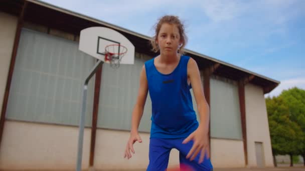 Teenager Plays Basketball Healthy Lifestyle Hobby Concept Cute Kid Hitting — Stockvideo