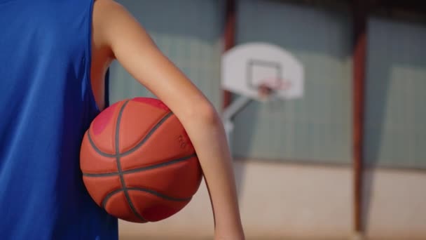 Teenager Plays Basketball Healthy Lifestyle Hobby Concept Cute Kid Hitting — Vídeo de Stock