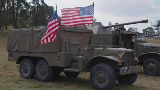 American Military Truck American Flag Military Equipment Usa Military Equipment — 图库视频影像