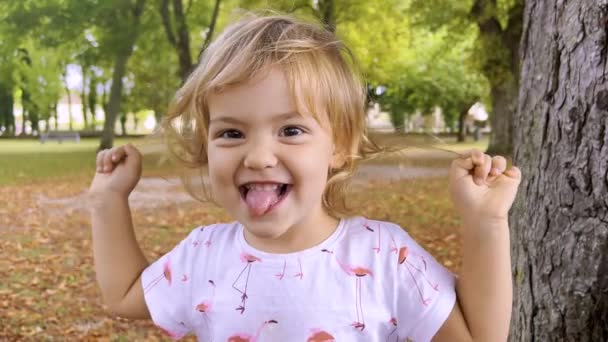Портрет Маленької Дівчинки Яка Дивиться Камеру Стоїть Парку Літній День — стокове відео