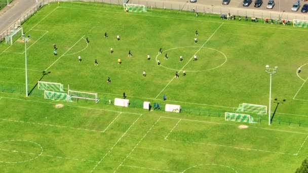 Flygfoto Ovanifrån Fotbollsplan Två Professionella Lag Spelar Energispel Mitt Fältet — Stockvideo