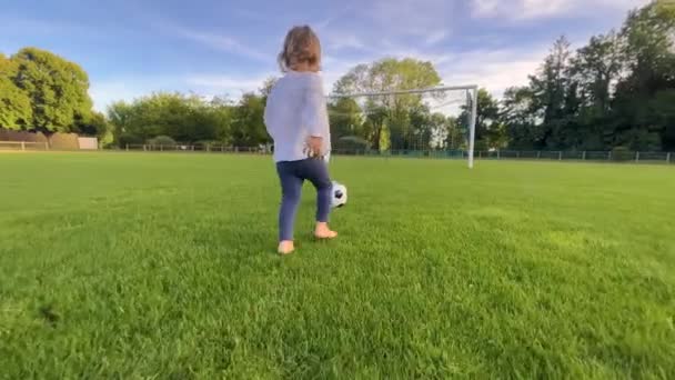 Liten Unge Spelar Fotboll Vid Solnedgången Baby Springer Runt Gröna — Stockvideo